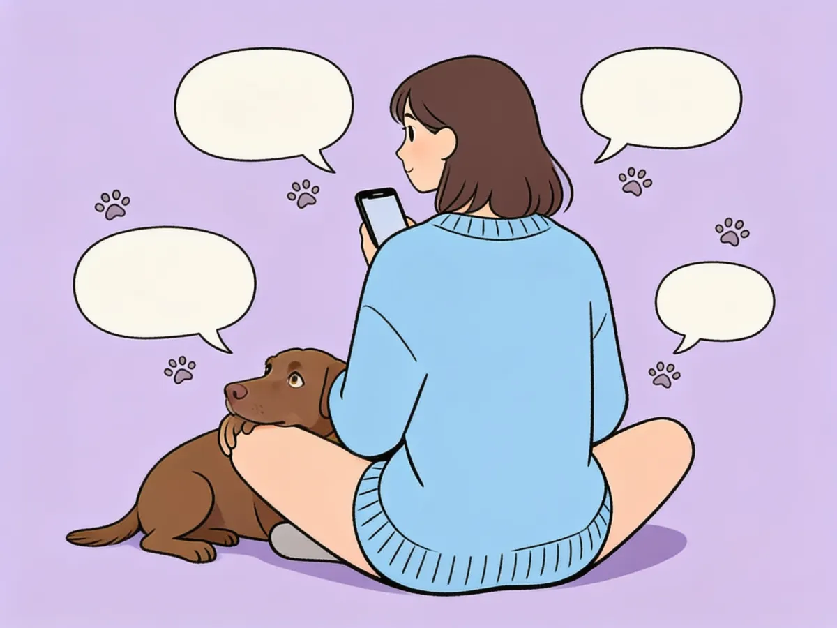 Ilustración: una persona escribe por WhatsApp con su perrito al lado