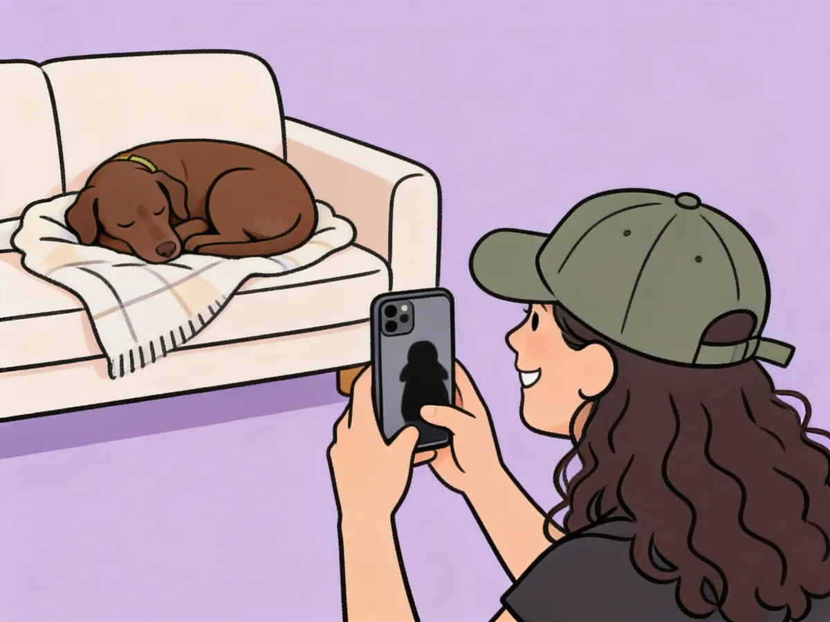 Ilustración: un perrito duerme en el sofá mientras Nico le toma una foto