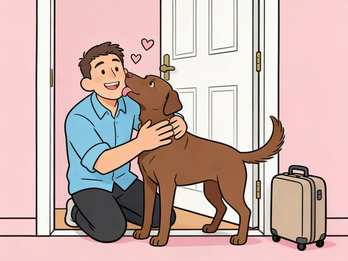 Ilustración: el dueño abraza a su perrito en la puerta