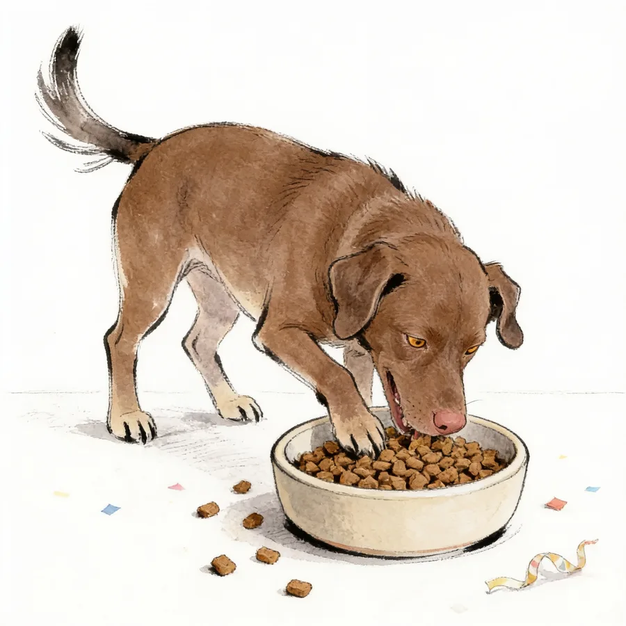 Ilustración de Allita comiendo sus croquetas en el plato